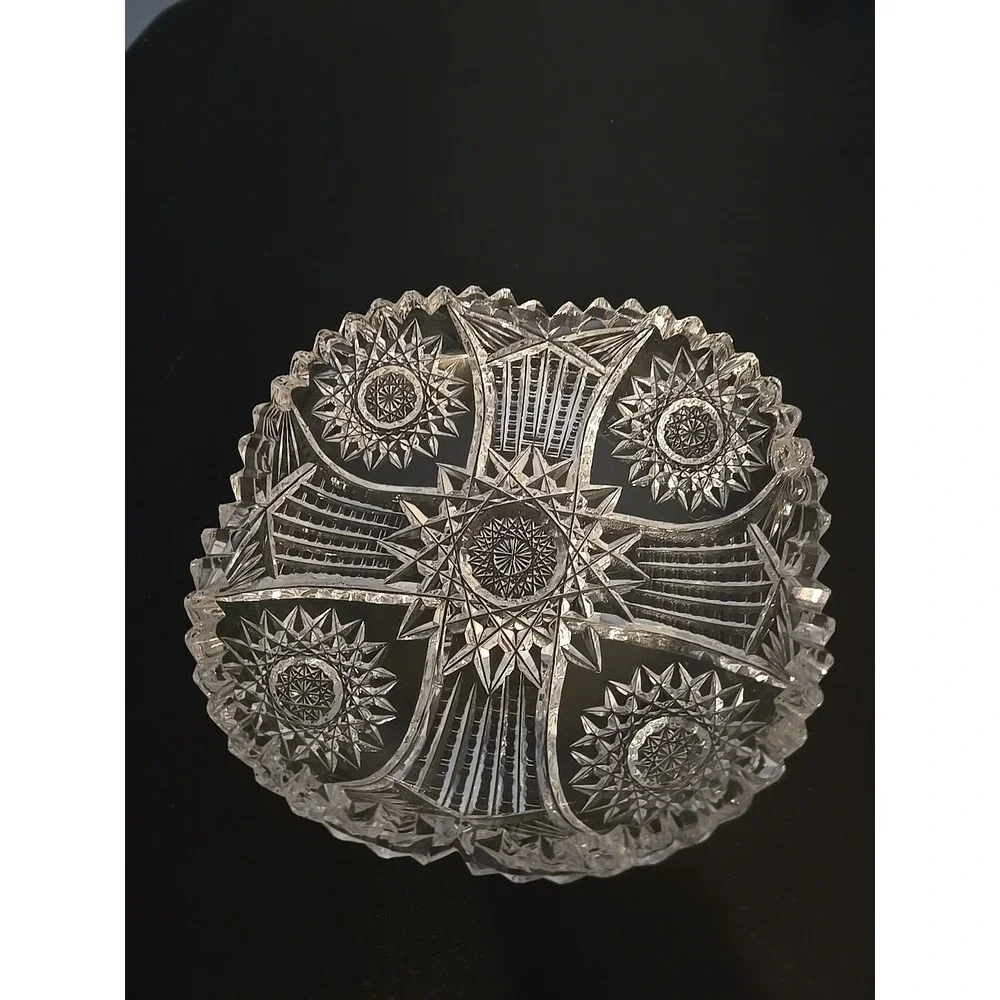Antique American Brilliant Cut Glass Hobstar File Heavy Candy Bowl‎ Dish Estate